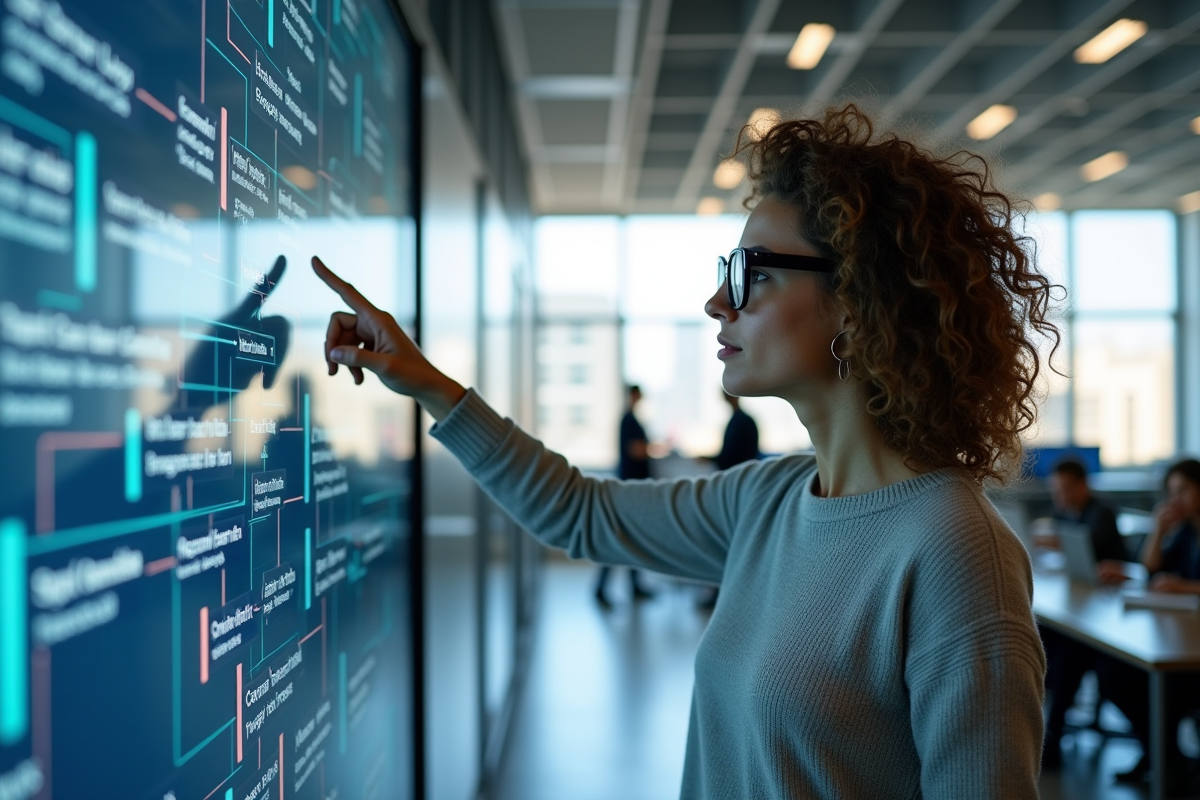Femme pointant un diagramme de sitemap dans un bureau lumineux