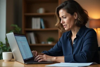 Femme gérant sa boîte mail Free sur un ordinateur portable pour filtrer les spams dans un bureau à domicile