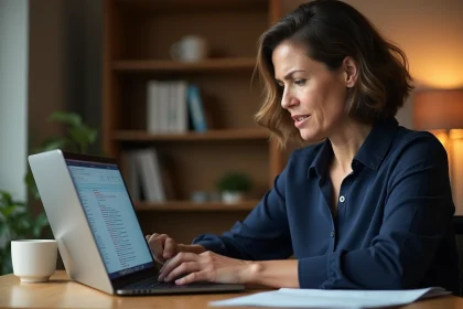 Femme gérant sa boîte mail Free sur un ordinateur portable pour filtrer les spams dans un bureau à domicile