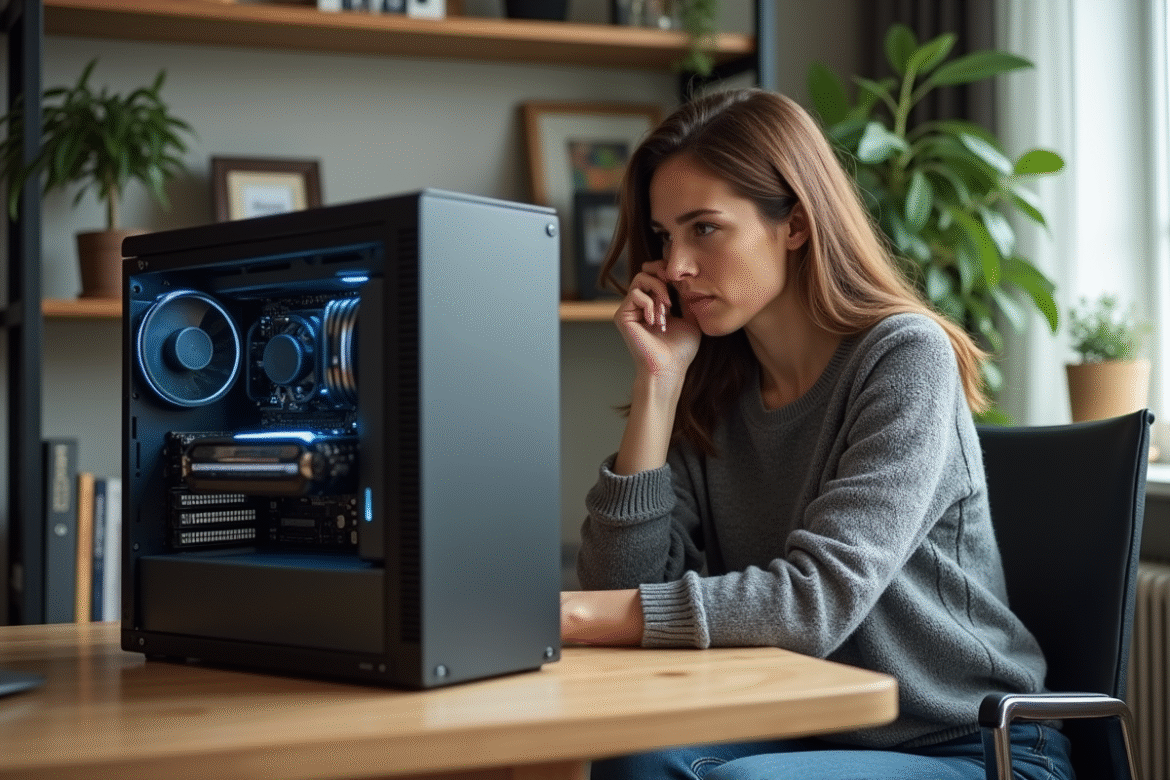 Femme examinant un ordinateur de bureau ouvert dans un bureau à domicile