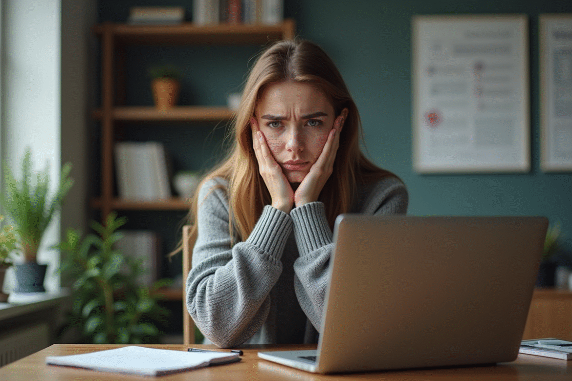 Femme inquiète regardant un ordinateur dans un bureau moderne