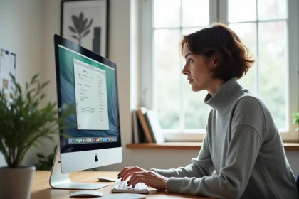Femme utilisant un Mac avec une interface graphique macOS affichant des icônes et le dock applicatif
