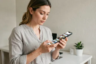 Femme consultant la bibliothèque photos de son iPhone pour choisir la capacité de stockage idéale