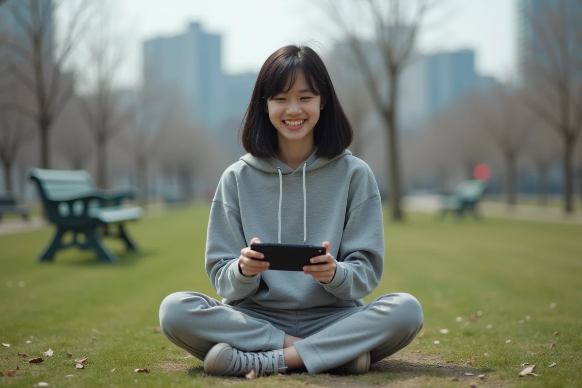 Jeune femme souriante joue en extérieur dans un parc