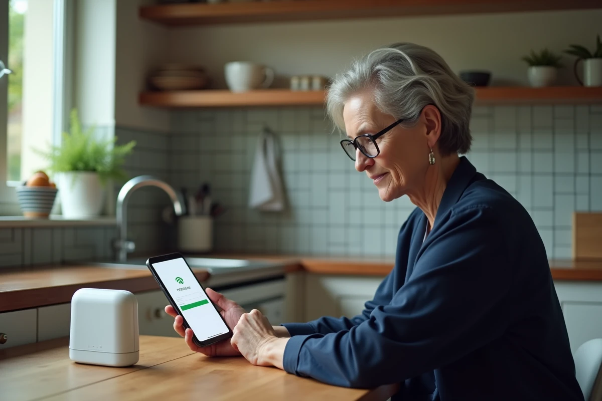 Femme dans la cuisine utilisant son smartphone pour se connecter à Freebox