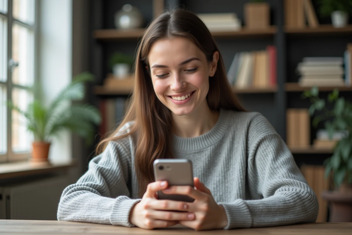 Jeune femme tapant un message sur WhatsApp avec mise en forme italique sur smartphone