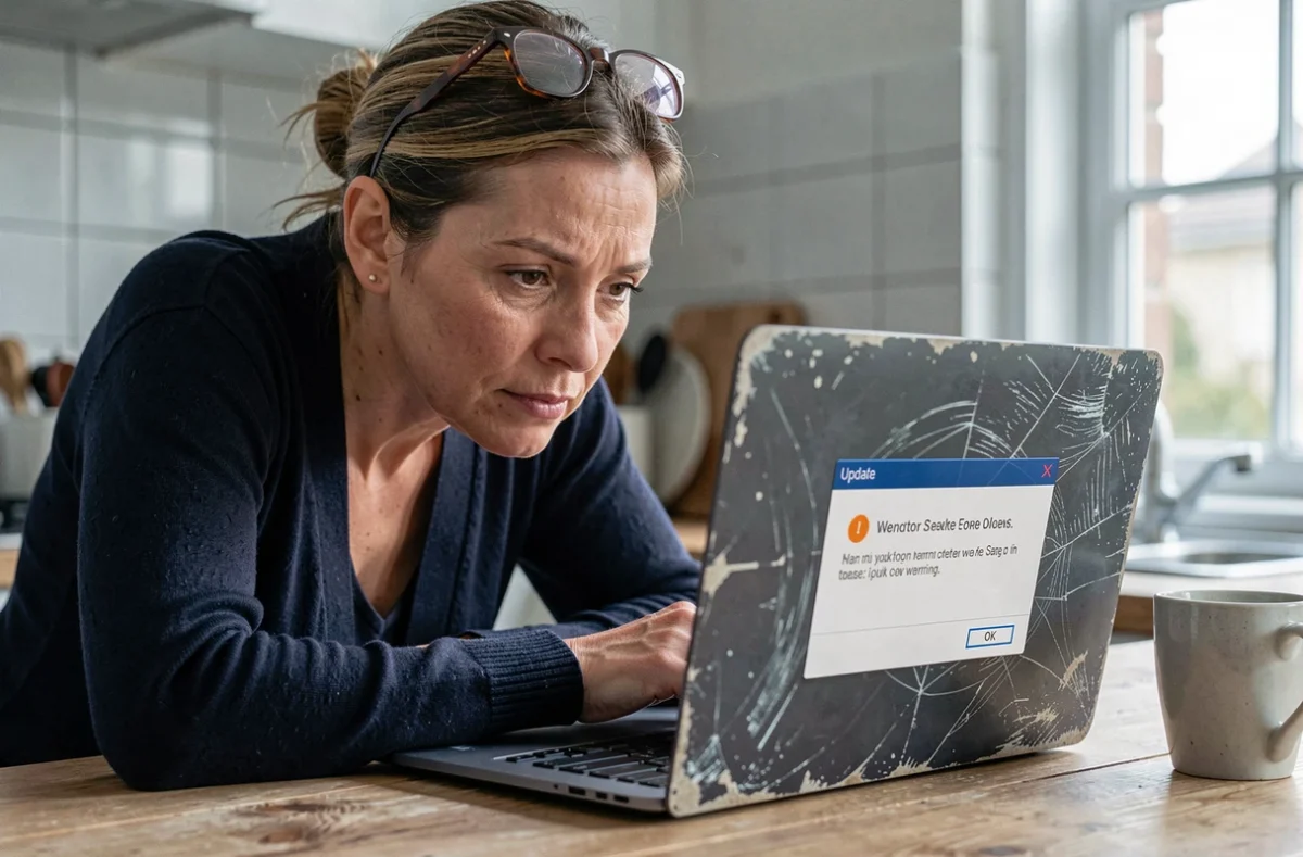 Femme concentrée tentant de mettre à jour OpenOffice sur un laptop usé dans une cuisine