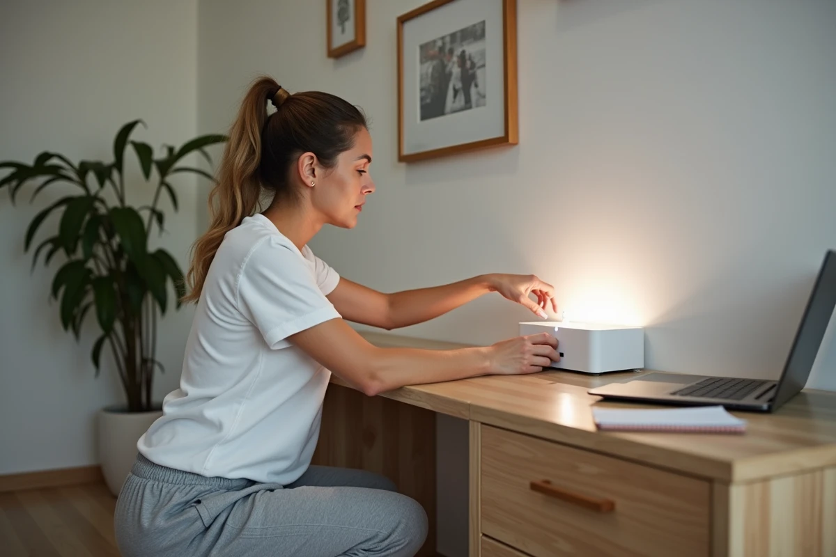 Femme examinant la box internet dans son bureau lumineux