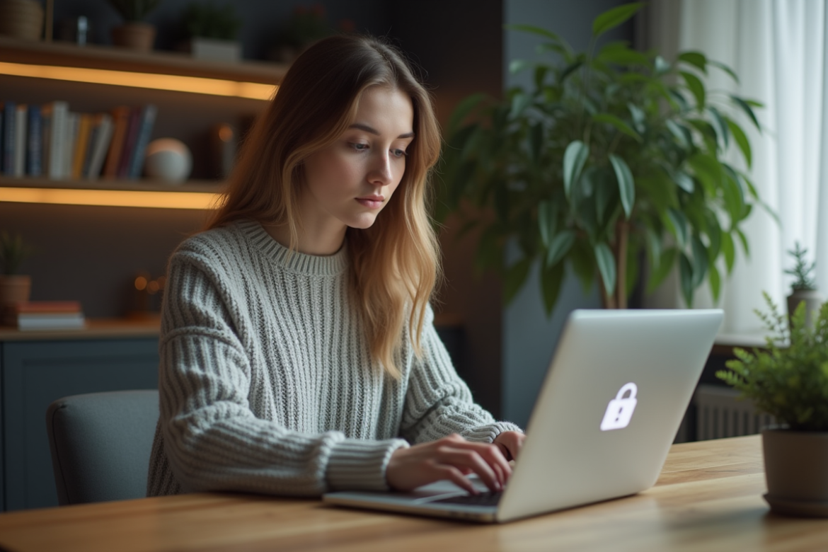 Jeune femme concentrée travaillant sur un ordinateur portable