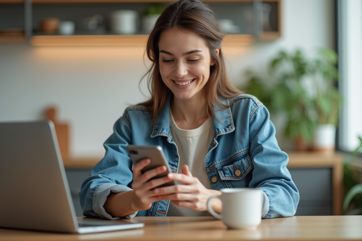 Femme souriante partage un itinéraire avec son smartphone