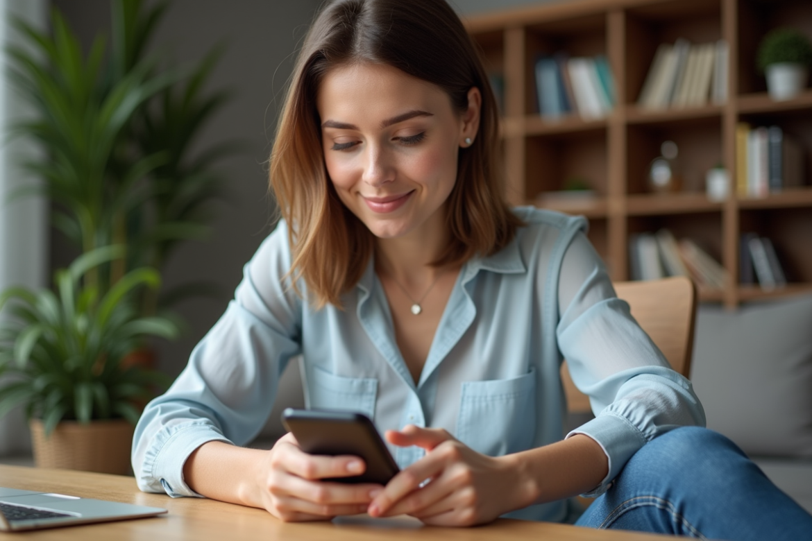 Femme élégante utilisant smartphone pour choisir des lunettes