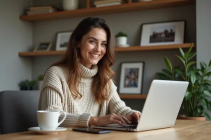 Femme souriante utilisant un ordinateur dans un bureau à domicile
