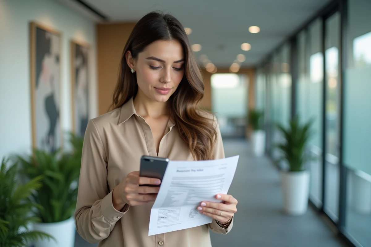 Femme tenant un bulletin de salaire dans un bureau moderne