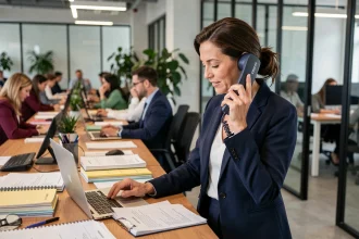 Femme chef d'entreprise PME utilisant un téléphone Ericsson professionnel dans un bureau moderne en open space