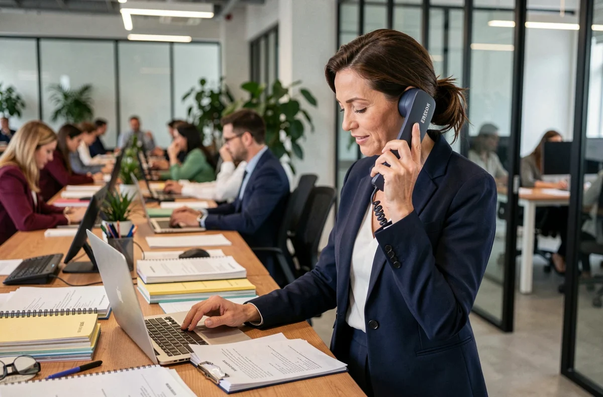 Femme chef d'entreprise PME utilisant un téléphone Ericsson professionnel dans un bureau moderne en open space