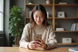 Jeune femme consultant les offres de précommande du Samsung Galaxy S25 sur son smartphone depuis son bureau à domicile