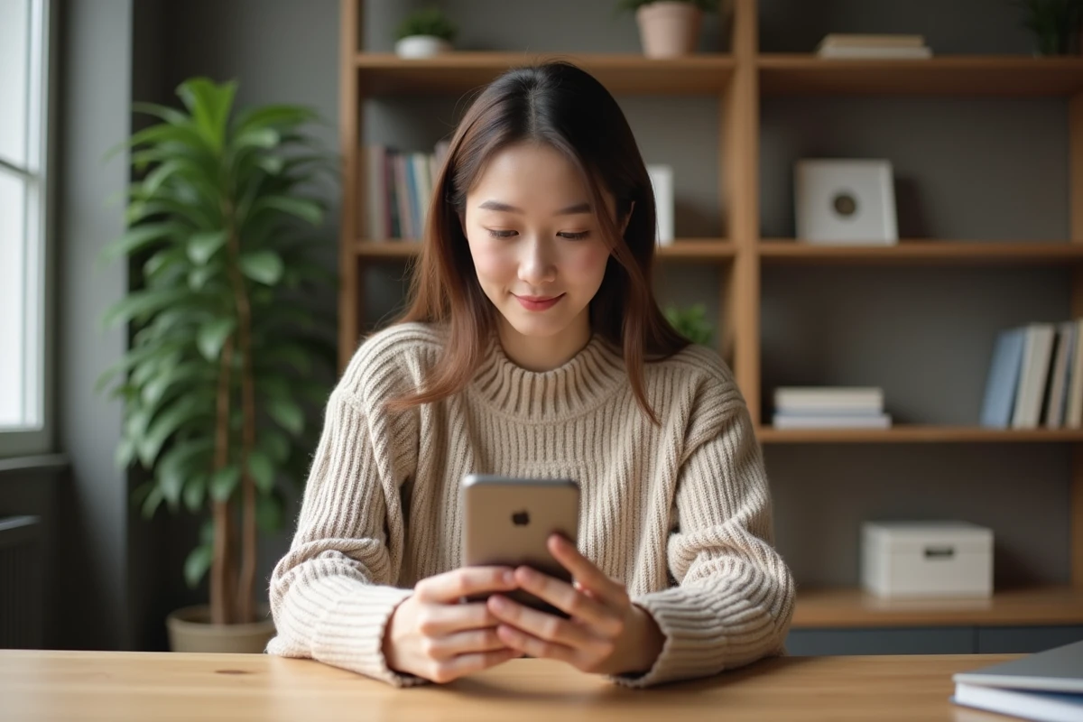 Jeune femme consultant les offres de précommande du Samsung Galaxy S25 sur son smartphone depuis son bureau à domicile