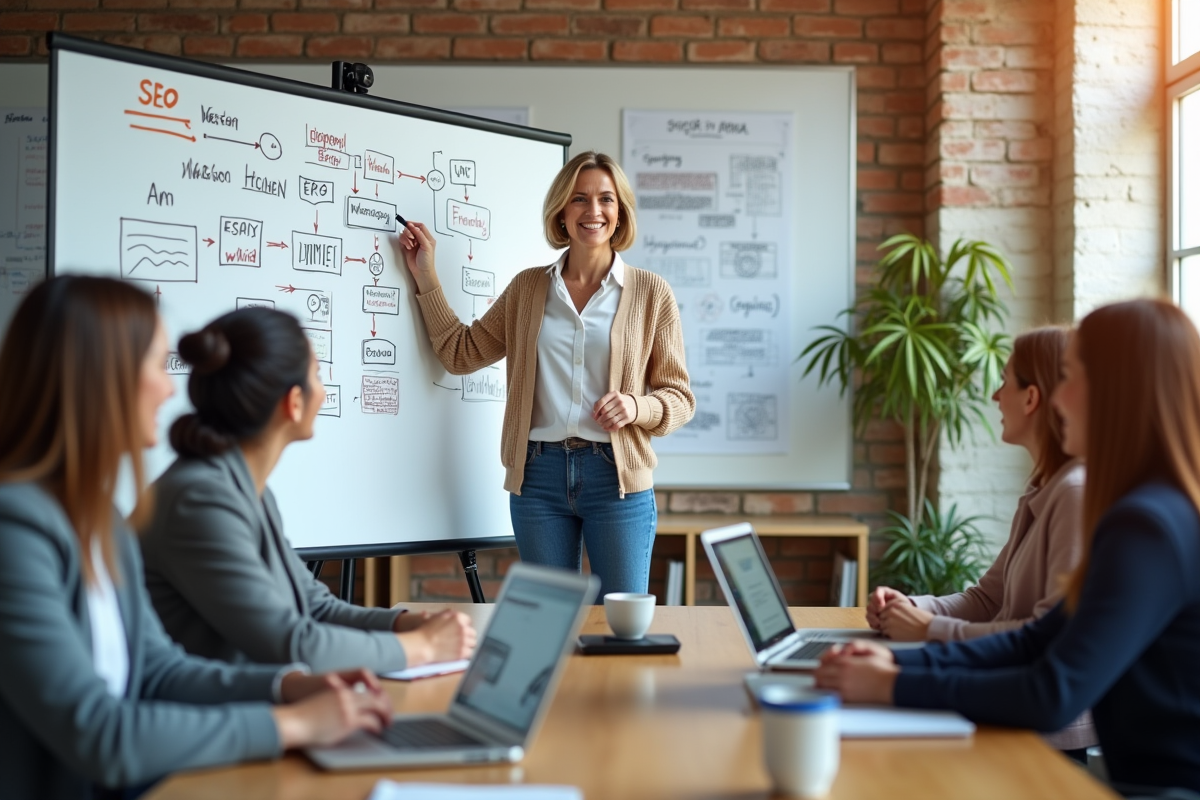 Femme expliquant un flowchart SEO devant un tableau blanc