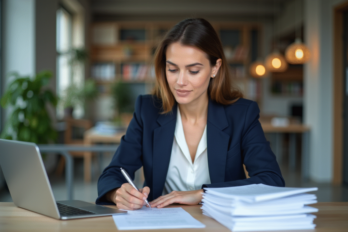 Femme professionnelle en bureau avec rapport blanc