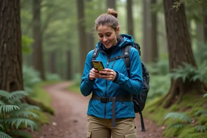 Femme en randonnée avec smartphone en forêt