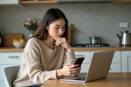 Femme en intérieur cherchant en ligne sur son téléphone