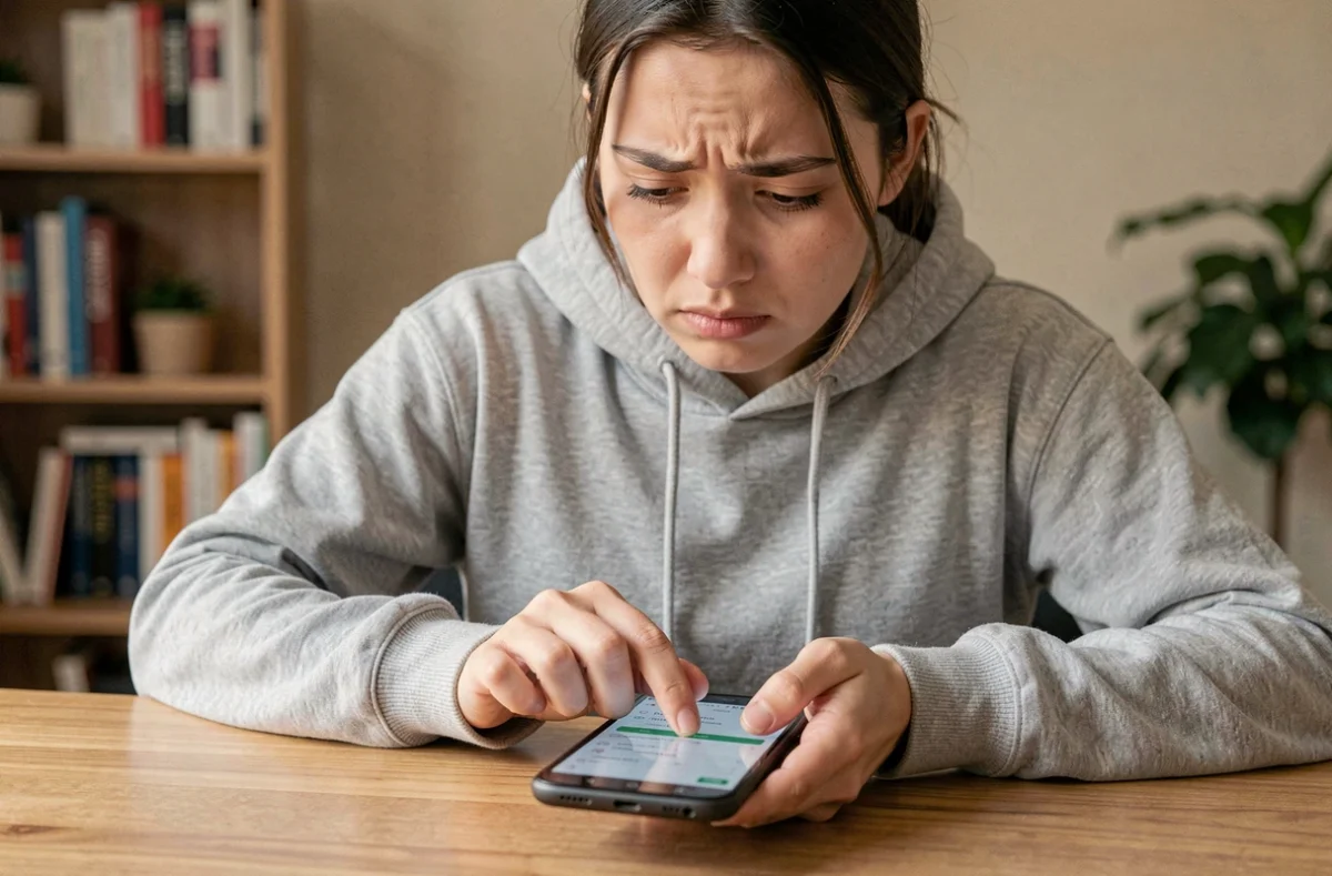 Femme cherchant le presse-papier Android sur son smartphone à son bureau à domicile