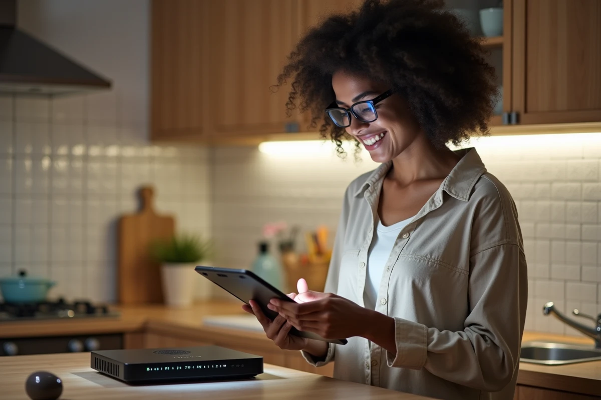 Jeune femme vérifiant la sécurité du réseau dans la cuisine
