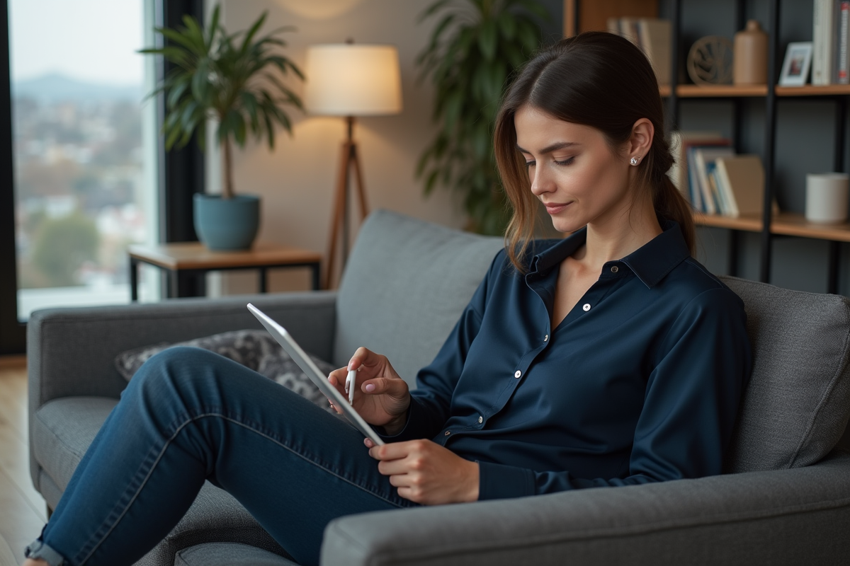 Jeune femme avec tablette dans un salon cosy