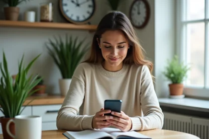 Jeune femme programme un message WhatsApp sur son smartphone