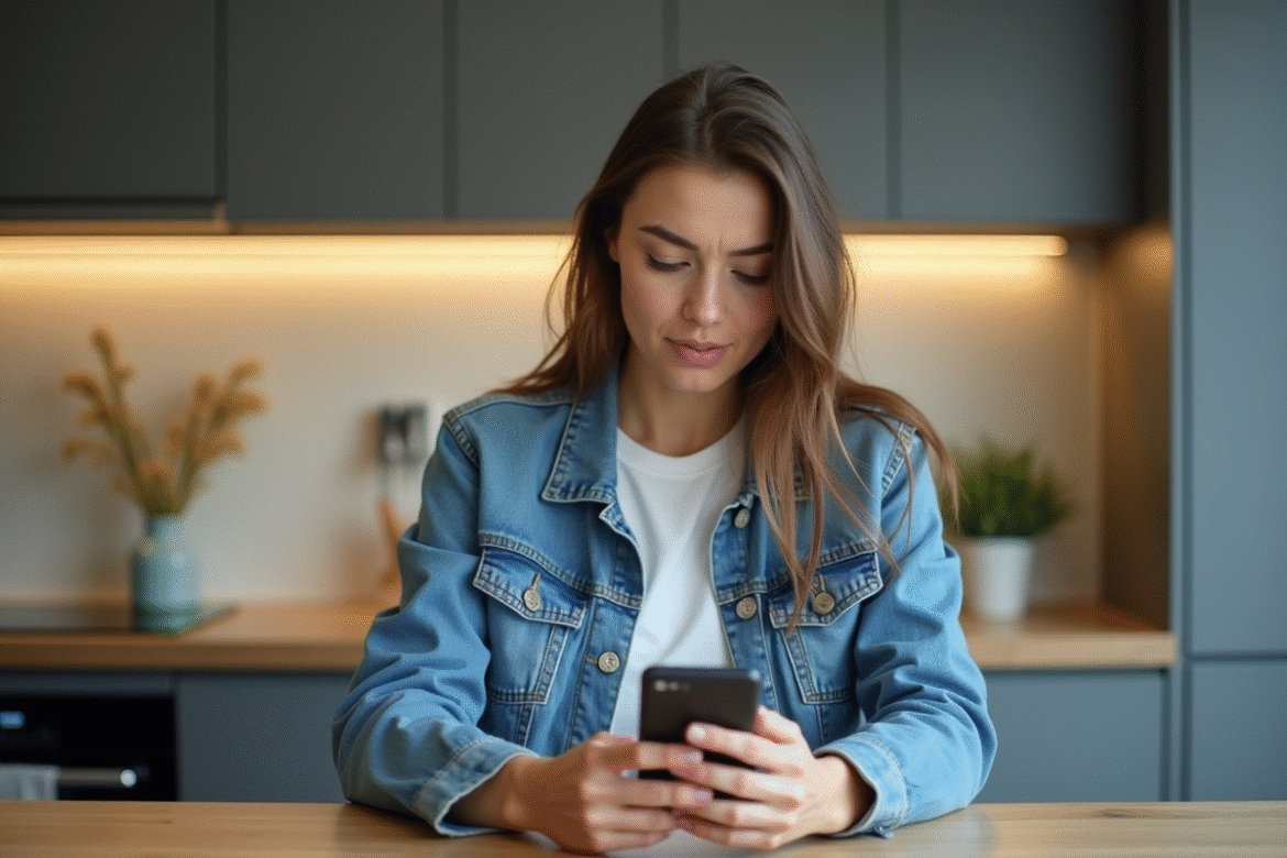 Femme en denim regardant son smartphone à la maison