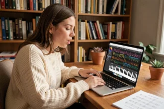 Jeune femme apprenant le solfège avec un piano virtuel gratuit sur ordinateur portable à son bureau