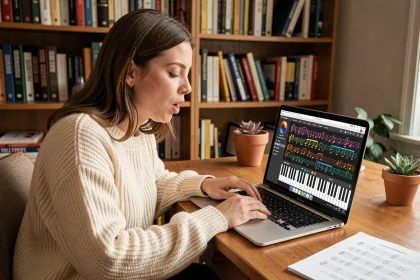 Jeune femme apprenant le solfège avec un piano virtuel gratuit sur ordinateur portable à son bureau