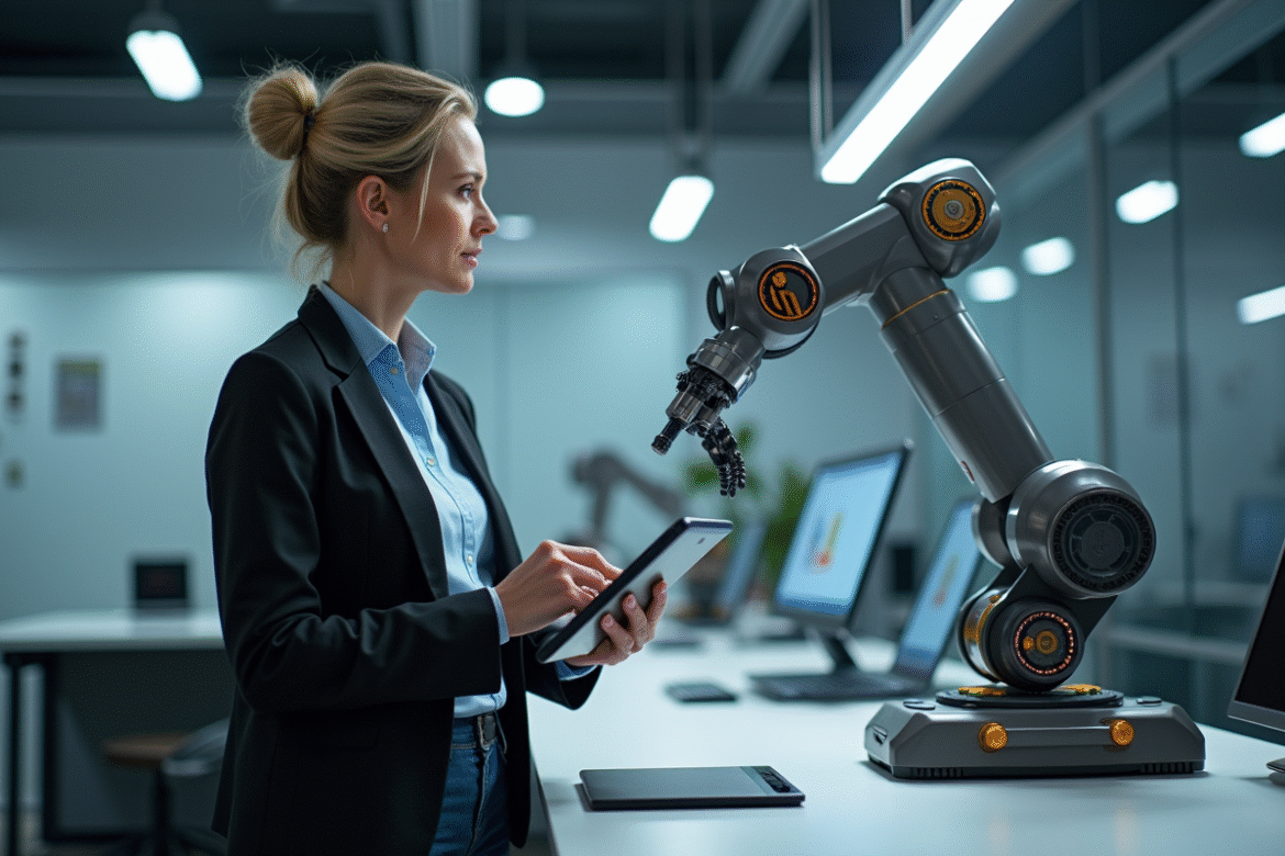 Femme en blazer regardant un bras robotique en laboratoire