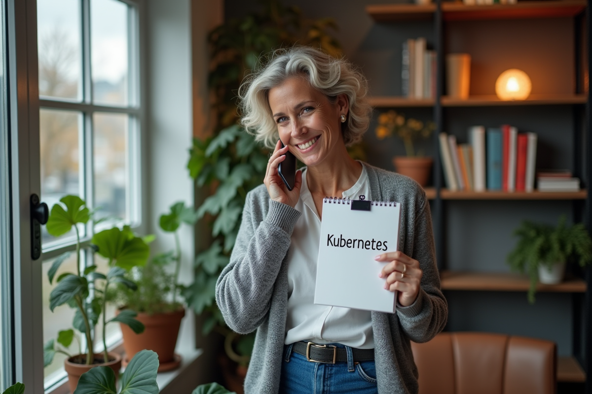 Femme d age moyen parlant au téléphone avec un notepad sur Kubernetes