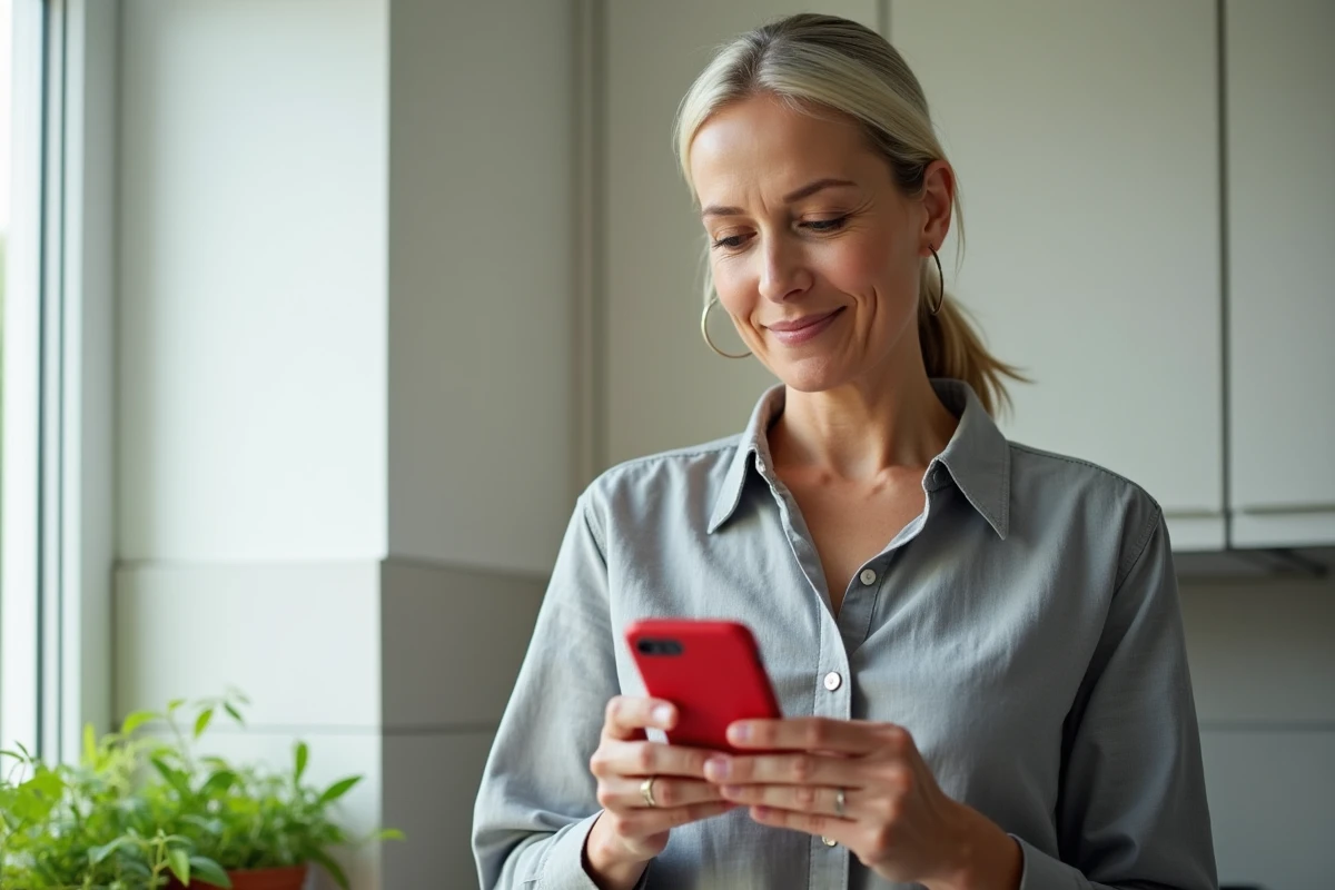 Femme d'une cinquantaine d'années tenant un Nokia 5310 blanc et rouge dans une cuisine moderne lumineuse