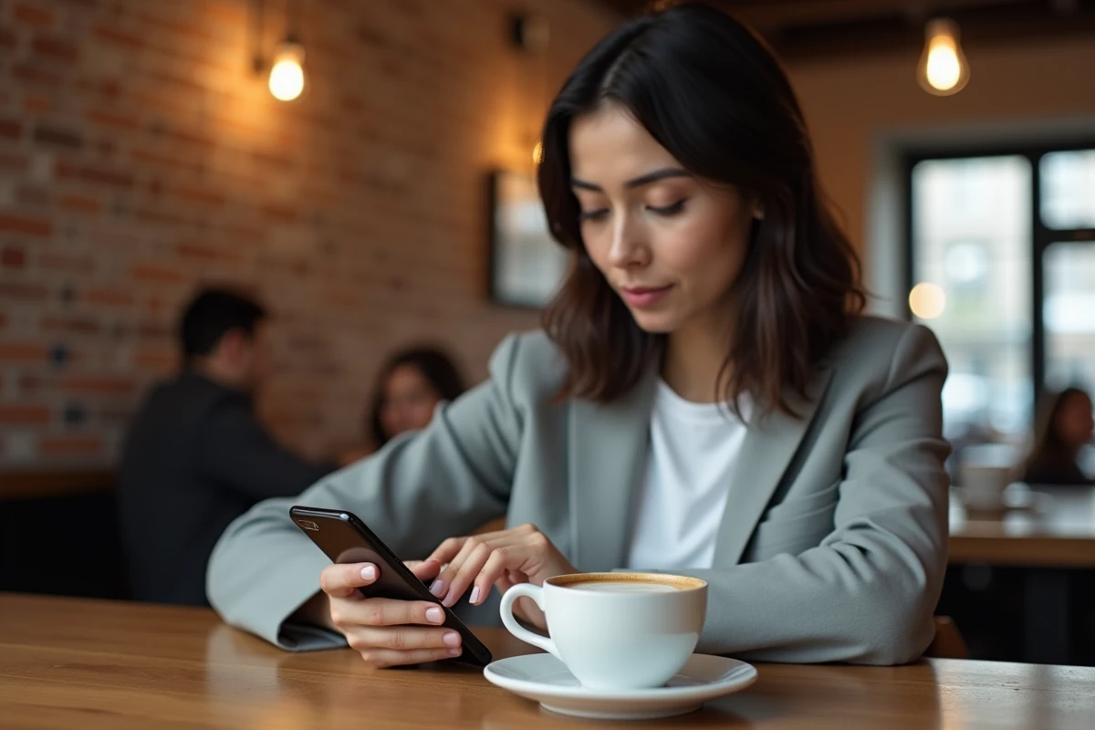 Femme testant le Xiaomi 15 dans un café avec un espresso, vue aérienne légère