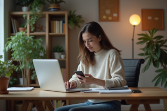 Jeune femme concentrée sur son ordinateur dans un bureau cosy