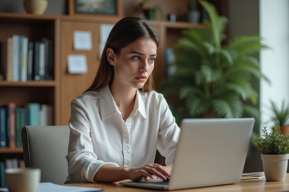 Jeune femme au bureau vérifiant son mot de passe sur un laptop