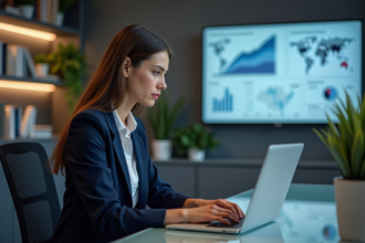 Femme en blazer travaillant sur un dashboard marketing AI