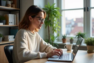 Femme concentrée travaillant sur son ordinateur dans un bureau moderne