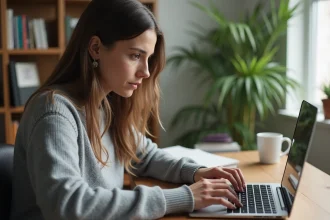 Jeune femme concentrée tapant sur un clavier français AZERTY