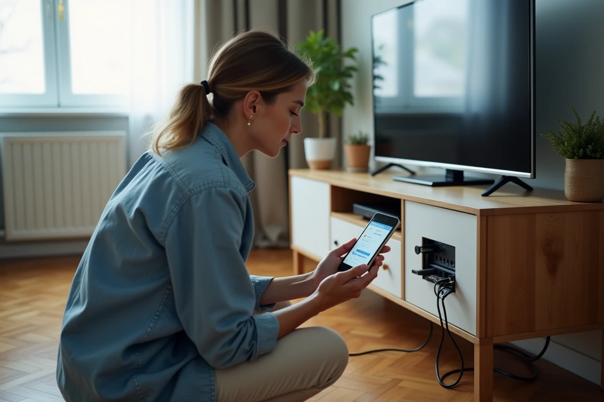 Femme vérifiant les paramètres réseau de sa box internet à l'aide de son smartphone dans un salon