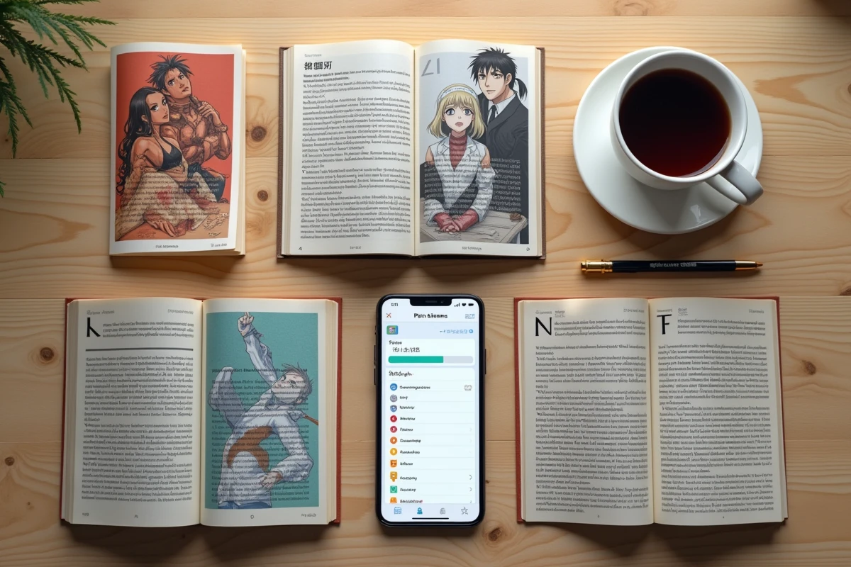 Vue de dessus d'une collection de mangas ouverts avec un smartphone affichant une application de suivi de lecture et une liste manuscrite