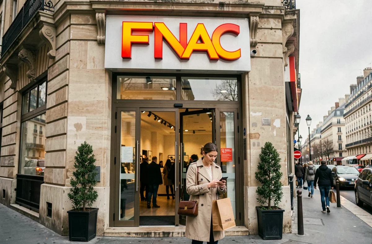 Façade d'un grand magasin FNAC à Paris avec logo et clients entrant dans la boutique
