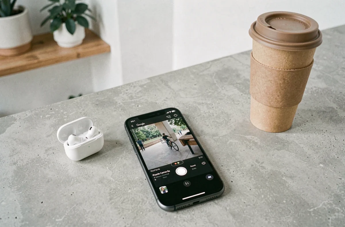 Google Pixel 8a posé sur un bureau en béton avec des accessoires tech dans un bureau minimaliste scandinave