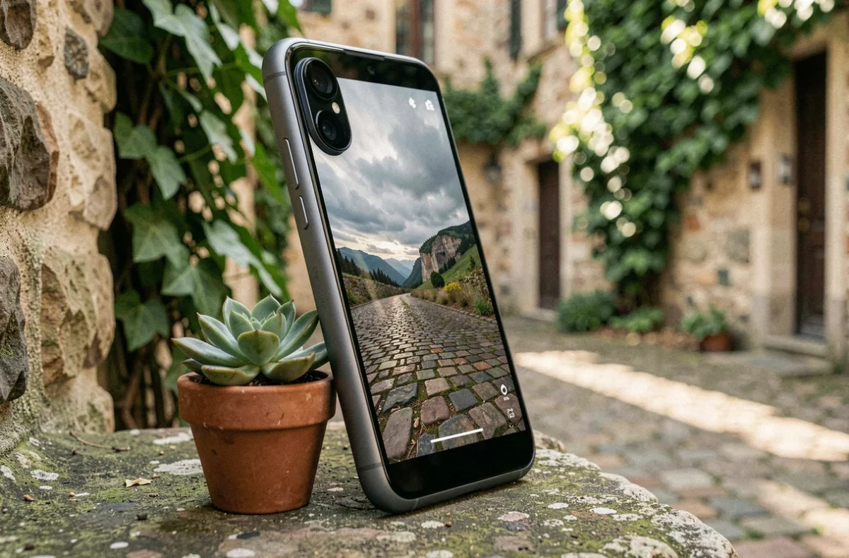 Google Pixel 8a appuyé contre une plante succulente sur un muret en pierre dans une cour urbaine européenne