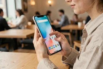 Femme tenant un Google Pixel 8a dans un café moderne, écran Android allumé, finition mate élégante