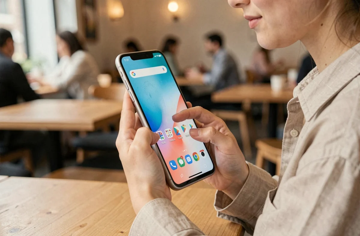 Femme tenant un Google Pixel 8a dans un café moderne, écran Android allumé, finition mate élégante