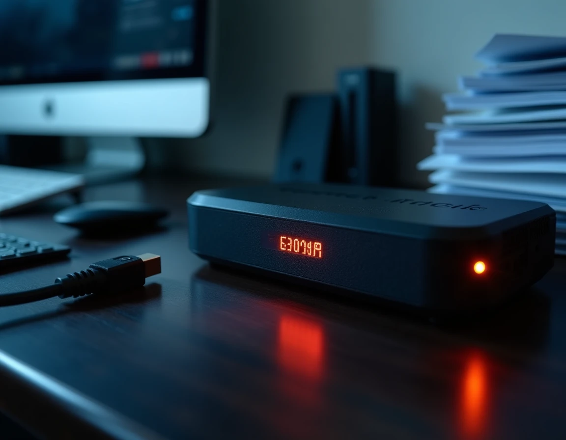 Gros plan d'un décodeur Orange affichant une erreur sur l'écran LED avec câble HDMI débranché