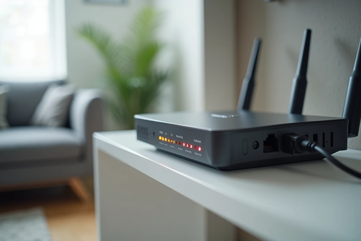 Gros plan d'un routeur box internet avec voyants LED orange et câble ethernet mal branché